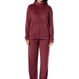 Ensemble de survêtement en velours bordeaux pour femme, dernière collection, veste zippée et pantalon, logo personnalisé OEM, coupe ajustée, tenue décontractée d'hiver - Product Image 4