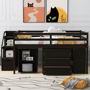 Letto a soppalco in legno Espresso con scrivania estraibile a tutta altezza e 3 cassetti, letto per bambini con scale contenitore e scaffali - Product Image 1