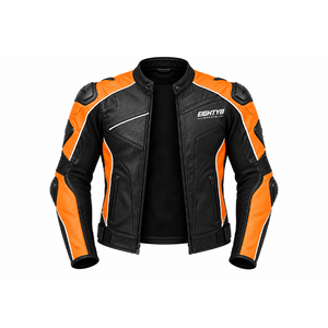 Chaqueta de motociclismo de cuero negra y naranja personalizada para hombre con armadura en hombros y codos y respaldo aerodinámico. - Product Image 1