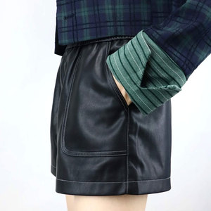 LUXE ATTIRE INDUSTRY Women <b>PU</b> Leather Skorts High Waist Elastic Waist Wide Leg Casual Knitted Loose Fit Custom Logo OEM - Product Image 5