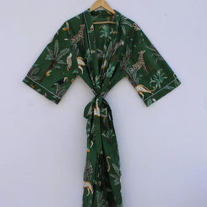 Bata Kimono de Algodón Suave y Transpirable con Estampado de Bloques y Dibujos Animados de Naaz Textile para Mujer, Camisón de Verano Hecho a Mano con Cuello en V y Elástico, ODM - Product Image 1