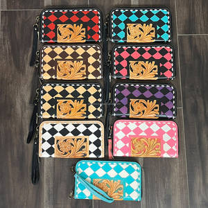 Factory Price HandTooled Genuine Leather <b>Cute</b> Checkered Pattern Clutches <b>Purse</b> Zipper With Wholesale Luxury Floral Design Wallet - Product Image 3