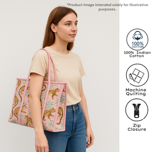 Bolso Tote de Algodón Acolchado con Estampado de Leopardo Rosa, Hecho a Mano en India, Sostenible, Duradero y Ligero para Oficina o Universidad - Product Image 5