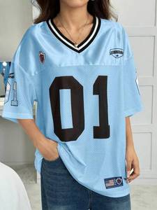 Maillot de football américain streetwear 2026 personnalisé avec logo, bleu ciel, coupe oversize, en mesh respirant, style hip-hop, pour hommes et femmes, col en V, entraînement Y2K - Product Image 2