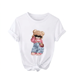 <b>Cute</b> <b>Bear</b> Cartoon Print Women's Casual Loose Fit White T-Shirt Crew Neck Short Sleeve Spring Summer Cotton Jersey Top - Product Image 3