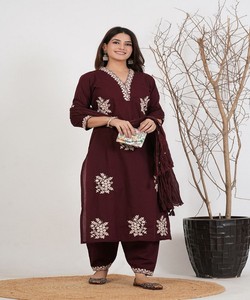 Women Traditional Silk Salwar Kameez Dupatta Maroon Casual Party Wear India Pakistan Style <b>Ankle</b>-Length Regular Fit 85279 MORNI- - Product Image 1