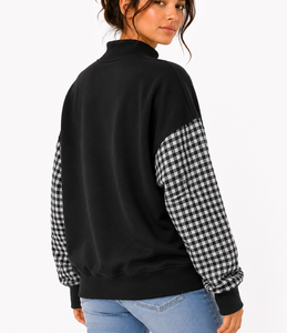 Sudadera Oversize de Cuello Alto para Mujer, Personalizada por el Fabricante, con Bordado de Letras en Gingham y Mangas con Patchwork, Estilo Casual - Product Image 3