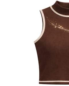 Débardeur côtelé marron personnalisé pour femme avec col montant et bande de strass, sans manches, été, fabrication sur mesure - Product Image 2