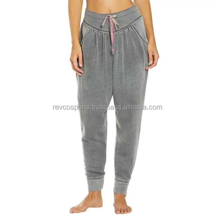 Celana olahraga wanita, celana perempuan Harem longgar desain Slouchy, pinggang serut wanita yoga perak abu-abu keringat