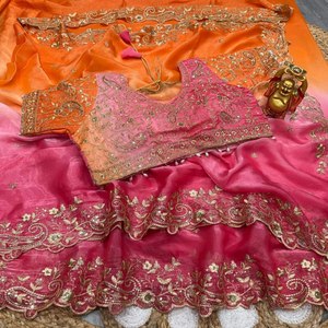 Sari de trabajo de seda Mango de doble tono con bordado Zari original y blusa cosida lista para usar para ocasiones festivas - Product Image 4