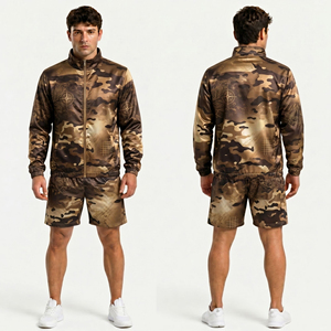 Conjunto Deportivo Unisex de Chaqueta y Pantalones Cortos con Estampado de Camuflaje, Traje Deportivo con Cierre, Ropa Deportiva para Gimnasio, Entrenamiento, Poliéster/Algodón - Product Image 4