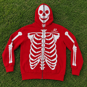 Sudadera con capucha de esqueleto para hombre, con cremallera completa, estampado gótico de calaveras y huesos, estilo streetwear de Halloween, con gráfico personalizado, roja - Product Image 6