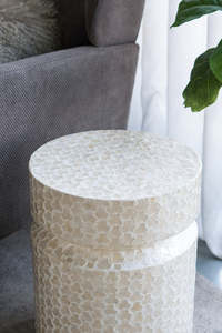 Delicate White Mother Of Pearl Drum <b>Table</b> Capiz Shell Mosaic Accent Stool MOP Round <b>End</b> <b>Table</b> Coastal For Living Room Bedroom - Product Image 6