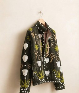 <b>Women</b> Olive Green <b>Velvet</b> Embroidered Suzani <b>Jacket</b> with Floral Print Full Sleeve Stand Collar Handmade Bohemian Autumn Outerwear - Product Image 2