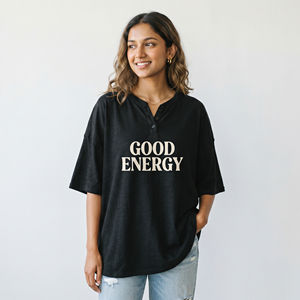 T-shirt Henley décontracté pour femme, style streetwear, éco-responsable, imprimé, à épaules tombantes, en polyester/coton, manches courtes, respirant, boutonné - Product Image 1