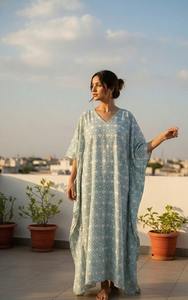 Robe kaftan en coton imprimé à la main pour femmes, style indien bohème, tenue de plage estivale, kaftan ample et décontracté - Product Image 6
