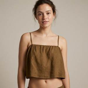 Women Brown Linen Crop Top Sleeveless <b>Spaghetti</b> <b>Strap</b> Loose Fit Summer Casual Camisole - Product Image 1
