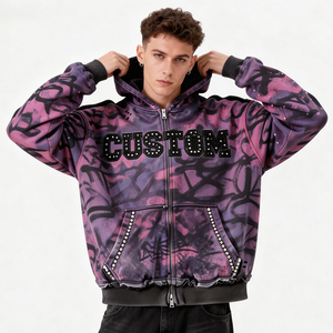 Custom Men's Vintage Washed Hoodie Heavyweight 550 GSM Full Zip Rhinestone Graphic Graffiti Printed Oversized Streetwear - Product Image 6