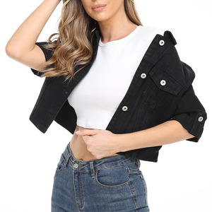 Cropped Denim Jacket For Women's Customized Logo Solid Color Quick Dry Denim Jacket New Arrival Long Sleeve With Button Cuff - Product Image 4