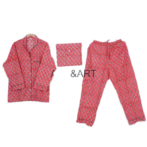 Ensemble de pyjama en tissu imprimé de blocs de main en coton vêtements de nuit et de vacances pour femmes ensemble de chemise et de pantalon de pyjama à manches longues nouvel arrivage - Product Image 1