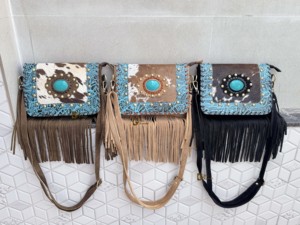 กระเป๋าถือหนังวัวมีพู่ห้อยทำจากหินสีเทอร์ควอยส์กระเป๋าถือสไตล์ตะวันตกสไตล์ยิปซีโบฮีเมียนกระเป๋าอเนกประสงค์ - Product Image 5