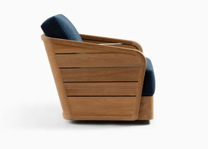 Modern Design Teak Wood Patio Swivel Armchair Slatted Siding Settee with Deep Indigo Fabric Blocks - Product Image 2