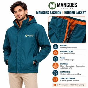 Veste coupe-vent à capuche pour homme, légère, tissée, pour l'extérieur, avec fermeture éclair, impression de logo personnalisée, broderie, poches latérales, poignets ajustables - Product Image 6