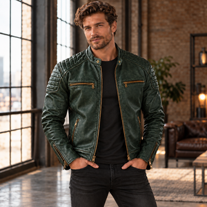 Veste de motard en cuir véritable noir pour homme avec épaules matelassées, panneaux texturés, fermetures éclair en laiton, poignets zippés et poches zippées - Product Image 1