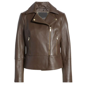 <b>Women's</b> Brown Genuine Leather Bomber <b>Jacket</b> Full Sleeve Zipper Closure Turn-down Collar Windproof Autumn Regular Length - Product Image 1