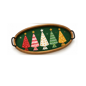 Round <b>Wooden</b> Serving <b>Tray</b> with Leaf Pattern Painted Finish Handle Modern Customizable Decorative Residential Use - Product Image 3