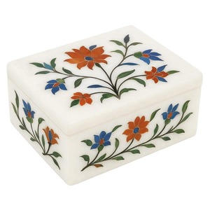 Boîte de rangement pour bijoux en marbre indien artisanal avec incrustations de pierres - Product Image 3