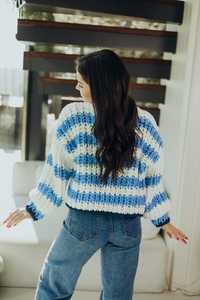 Women's Blue White Striped <b>Crocheted</b> <b>Cardigan</b> V Neck Full Sleeve Casual Winter Thick Acrylic Knit Sweater - Product Image 4