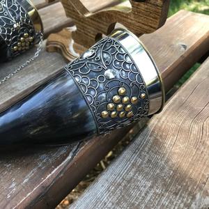 Natural Black Viking Horn Beer <b>Mugs</b> With Wooden Stand Holder Floral Pattern With Decoration Metal Molding Export Meet Standard - Product Image 3