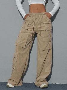 Pantalon cargo en velours côtelé taille haute pour femme, coupe ample, multi-poches, style streetwear, jambe large, mode automne-hiver - Product Image 2