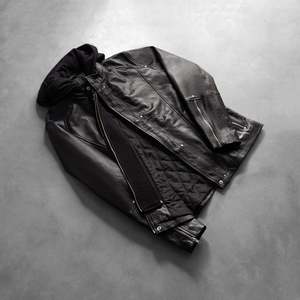 <b>Men's</b> Black Genuine <b>Leather</b> Moto <b>Jacket</b> Hooded Zipper Closure Regular Sleeve Solid Color Autumn Style - Product Image 5