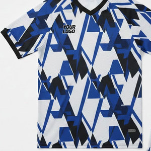 Ensemble de maillots de football personnalisés sublimés, bleu et blanc, motif géométrique, col en V, manches courtes, évacuation de l'humidité, uniformes unisexes pour adultes - Product Image 5