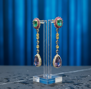 6 Inch Blue Amethyst <b>Cushion</b> <b>Round</b> Earrings with CZ 925 Sterling Silver 18K Gold Plated Statement Jewelry Party Wear - Product Image 2