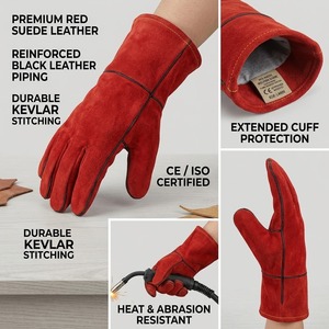 Gants de soudage en cuir de vachette rouge de qualité supérieure, résistants à la chaleur, à l'abrasion et doublés de polaire à l'intérieur, gants de travail - Product Image 5