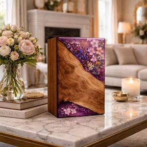 Wooden Resin Dried Flower Memorial Urn Cremation Keepsake <b>Box</b> Purple <b>Floral</b> Ashes Holder for Home Remembrance - Product Image 1
