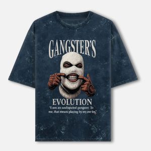 เสื้อยืดสีน้ำเงินเข้มพิมพ์ลายหน้ากากสำหรับผู้ชาย Gangster's Evolution ทรงปกติ คอกลม แขนสั้น สไตล์สตรีท ผ้าคอตตอนเจอร์ซีย์ - Product Image 1
