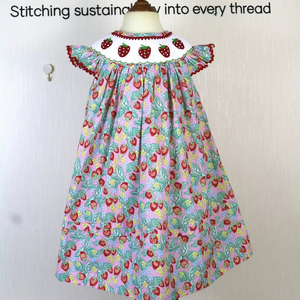 Vestido de Niña con Estampado de Fresas Bordado a Mano, Vestido Floral de Algodón Estilo Bishop, Ropa de Boutique para Bebés y Niños Pequeños, Venta al Por Mayor - Product Image 1
