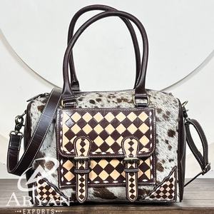 Nuevo Bolso de Hombro Cruzado de Cuero Genuino con Diseño a Cuadros de Gran Capacidad y Pelo Natural para Mujer - Product Image 1