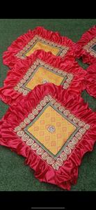 Lujoso Cubre Chowki Rojo y Amarillo Hecho a Mano con Borde de Satén con Volantes y Adornos Elaborados - Product Image 2