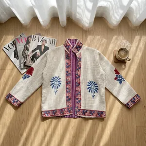 Block Print <b>Womens</b> White Embroidered Floral Mandarin Collar Jacket Open Front Prairie Chic <b>Spring</b> <b>Coat</b> - Product Image 4