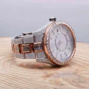 Montre de luxe automatique mécanique en or et argent bicolore, sertie de moissanite taille baguette, style Hip Hop Iced Out - Product Image 3
