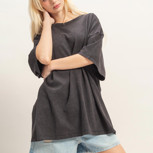 Camiseta Oversize para Mujer al por Mayor, Tallas Grandes, Lavado Ácido, Poliéster/Algodón de Alto Gramaje, Azul Claro, con Logotipo Personalizado, Estilo Vintage Holgado - Product Image 5
