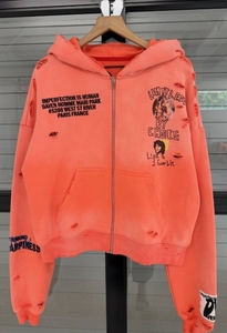 GENERSA SPORTS Sweat-shirt unisexe en molleton français polyester/coton, coupe courte oversize, avec fermeture éclair sur le devant, imprimé flamme et poche, couleur corail - Product Image 5