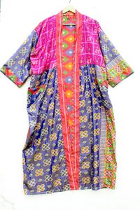 Kimono Sari de poliéster vintage con parches multicolores bata larga de luna de miel - Product Image 3