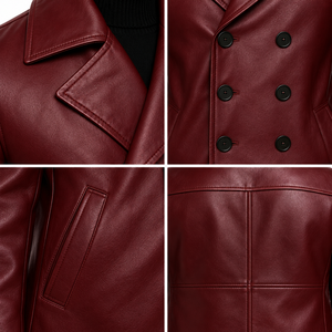 <b>Men's</b> Premium Wine Red <b>Leather</b> Double Breasted <b>Blazer</b> Classic Notch Lapel Short Coat Business Casual Winter Outerwear OEM Whole - Product Image 5