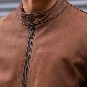 <b>Mens</b> Brown Genuine <b>Suede</b> Leather Streetwear <b>Jacket</b> Stand Collar Zip Front Slimfit Minimalist Premium Casual OEM Winter Outerwear - Product Image 4